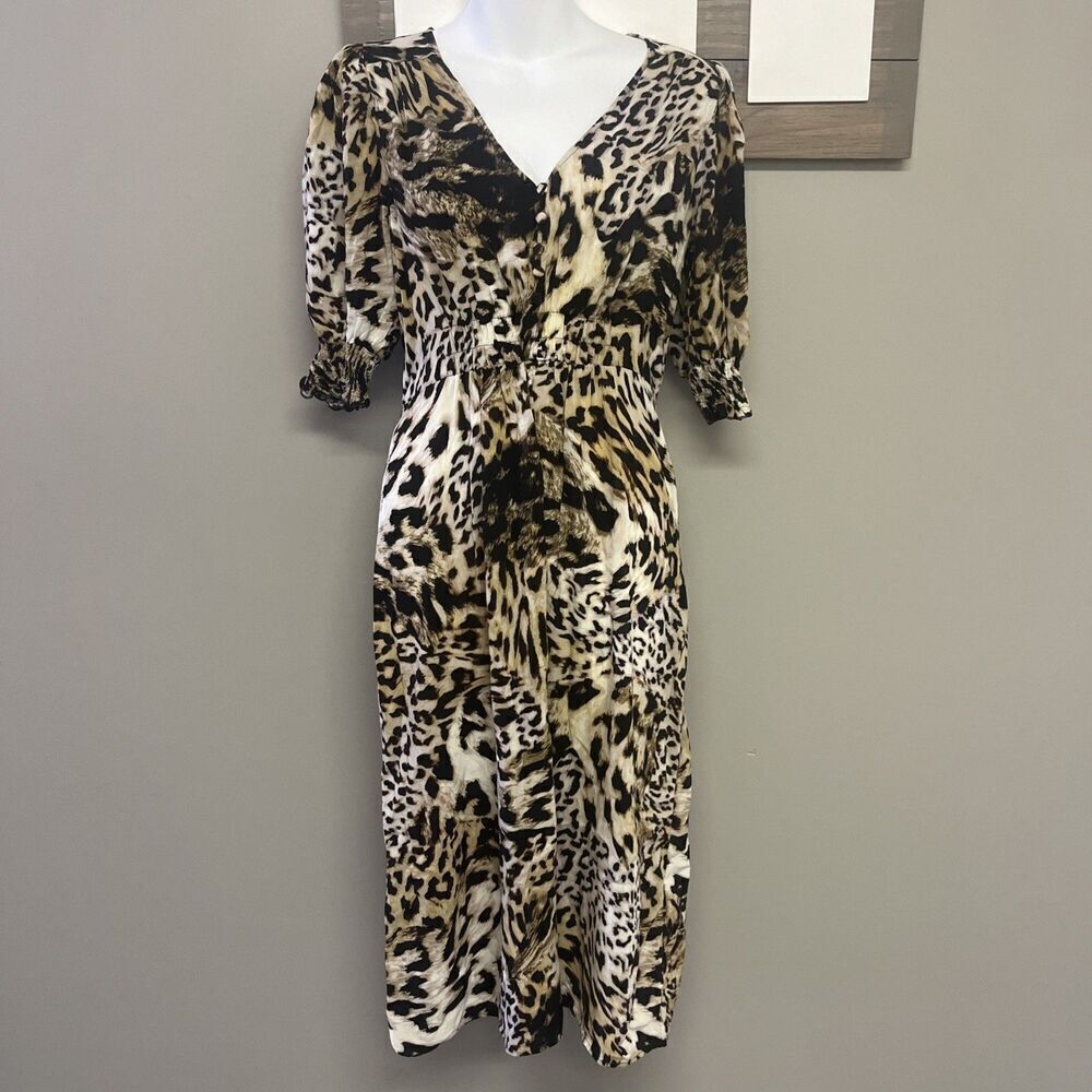 Banana Republic Midi Dress Leopard V-Neck Elastic Waist Elbow Sleeves- Size 8